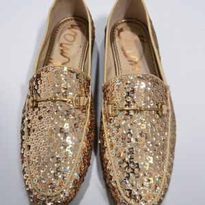 Sam Edelman Gold Sequin Loafers Size 7 Smoking Slippers Party Holiday Flats
